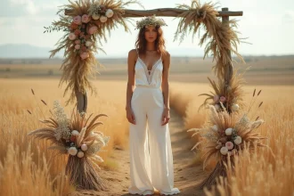 Mariée en combinaison blanche à jambes larges et dentelle dans un champ de blé bohème, couronne florale et arche en macramé