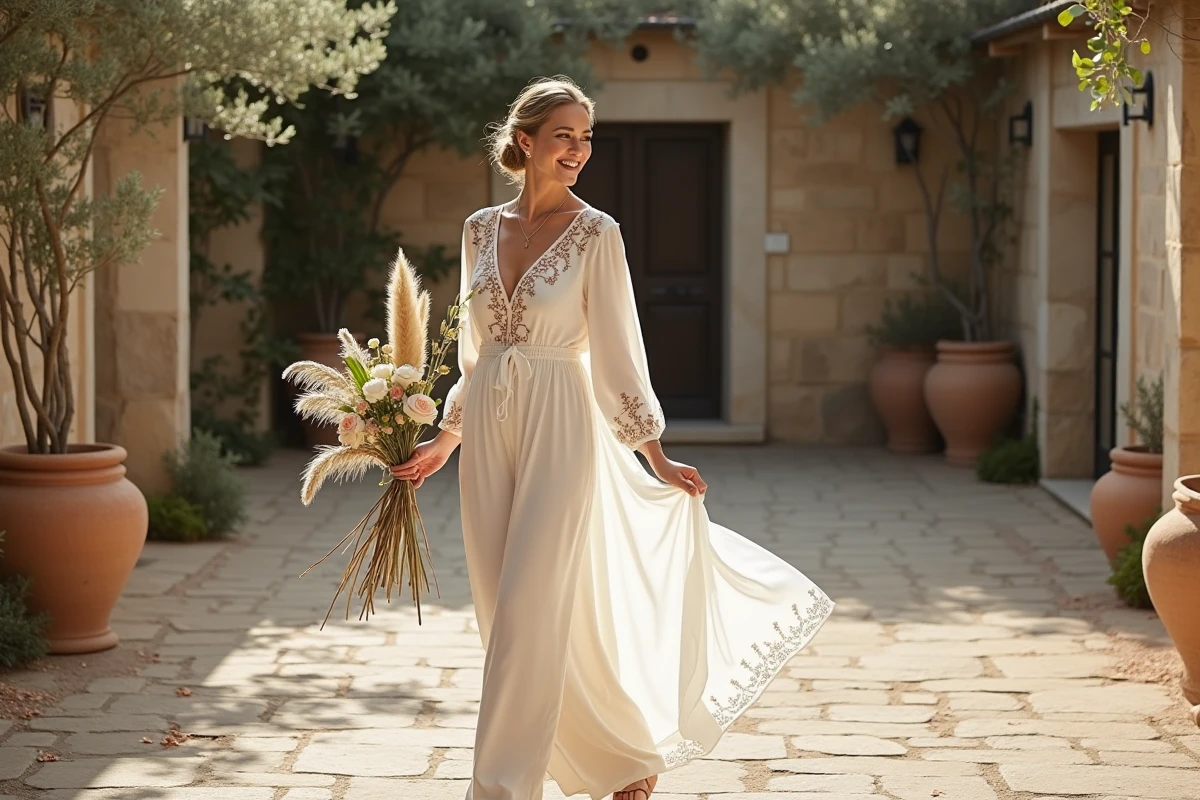 Mariée bohème en combinaison blanche brodée marchant dans une cour provençale avec bouquet de pampa et roses grimpantes