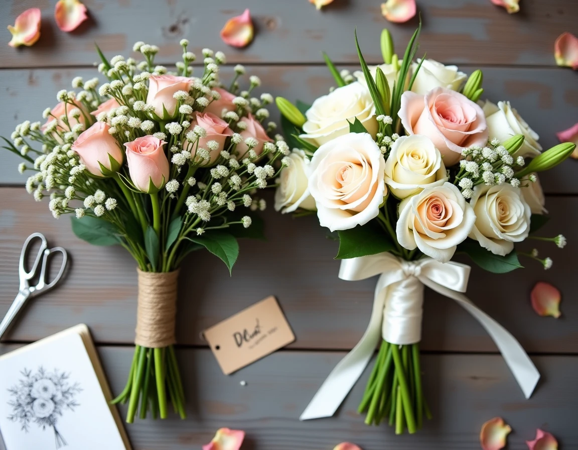 Comparaison de deux bouquets de mariage côte à côte illustrant la différence de prix entre un fleuriste de province et un fleuriste parisien