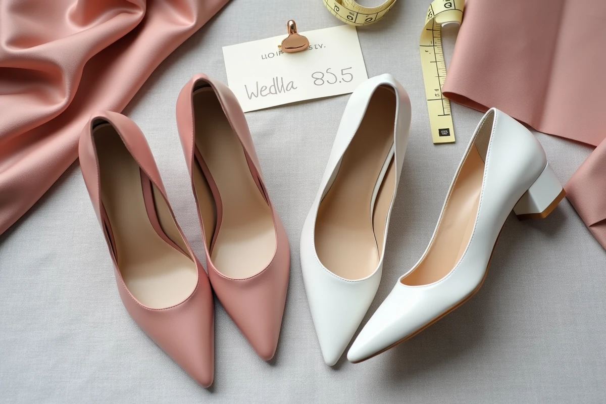 Comparaison côte à côte de chaussures de mariée à petit talon en satin rose et en cuir blanc sur lin