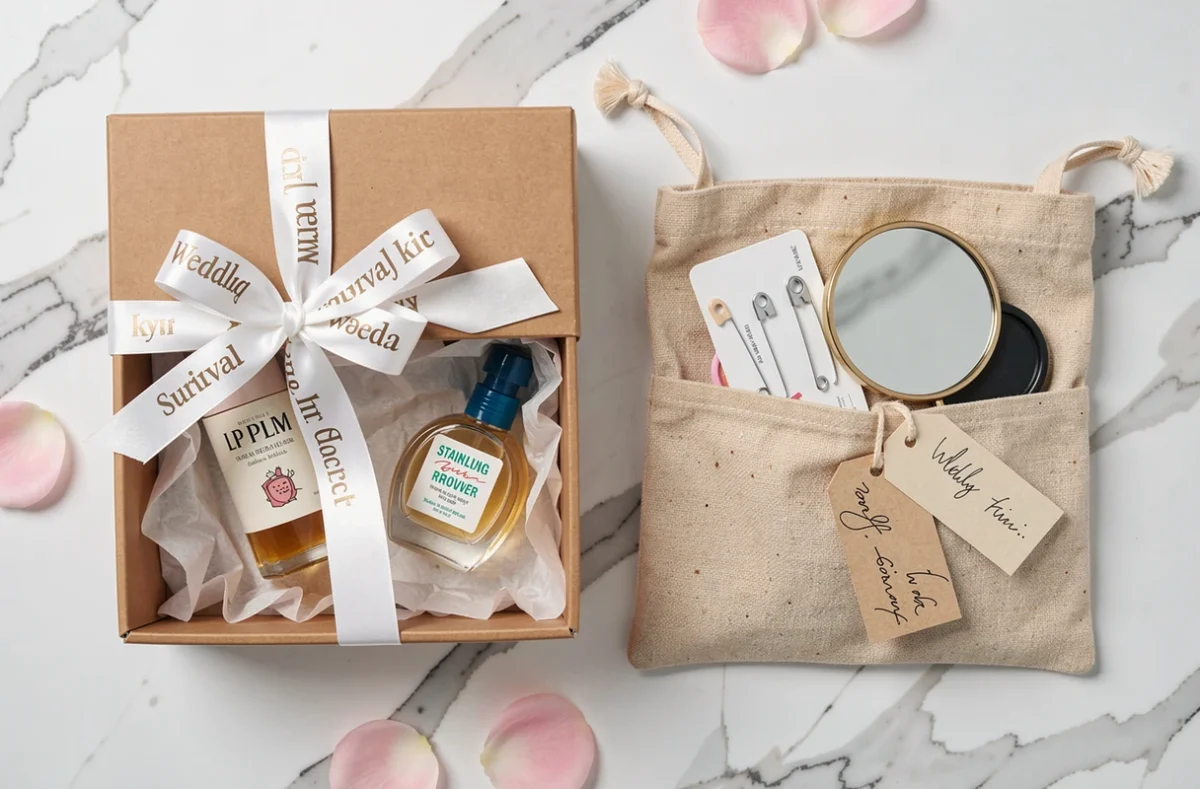 Comparaison entre un kit de survie mariée du commerce et un kit DIY fait main posés côte à côte sur marbre