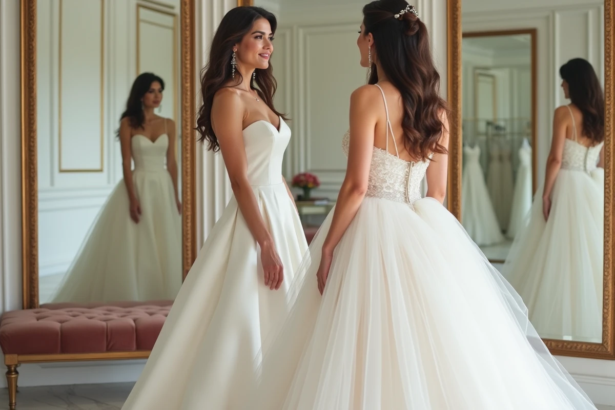 Deux mariées comparant une robe de mariée minimaliste en satin et une robe de bal princesse en tulle dans un atelier nuptial