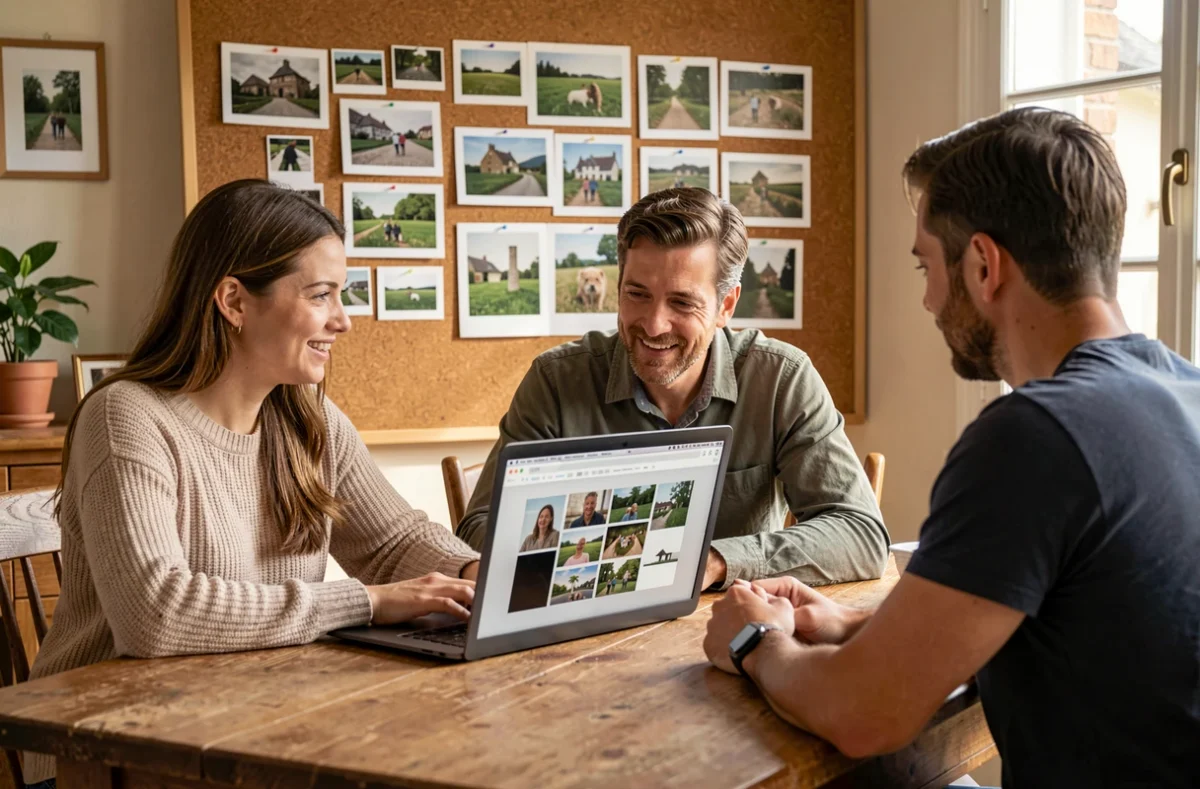 Couple discutant avec un photographe professionnel lors d'une consultation pour choisir le bon prestataire photo