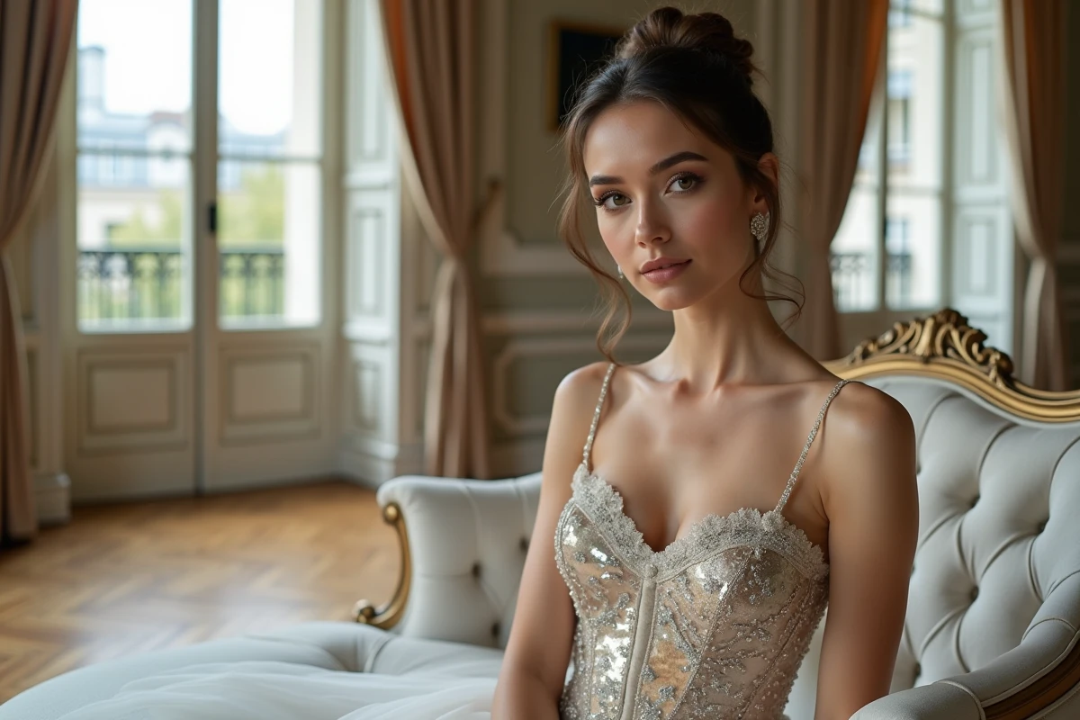 Détail du corsage brodé de paillettes d'une robe de mariée princesse luxueuse dans un appartement haussmannien parisien