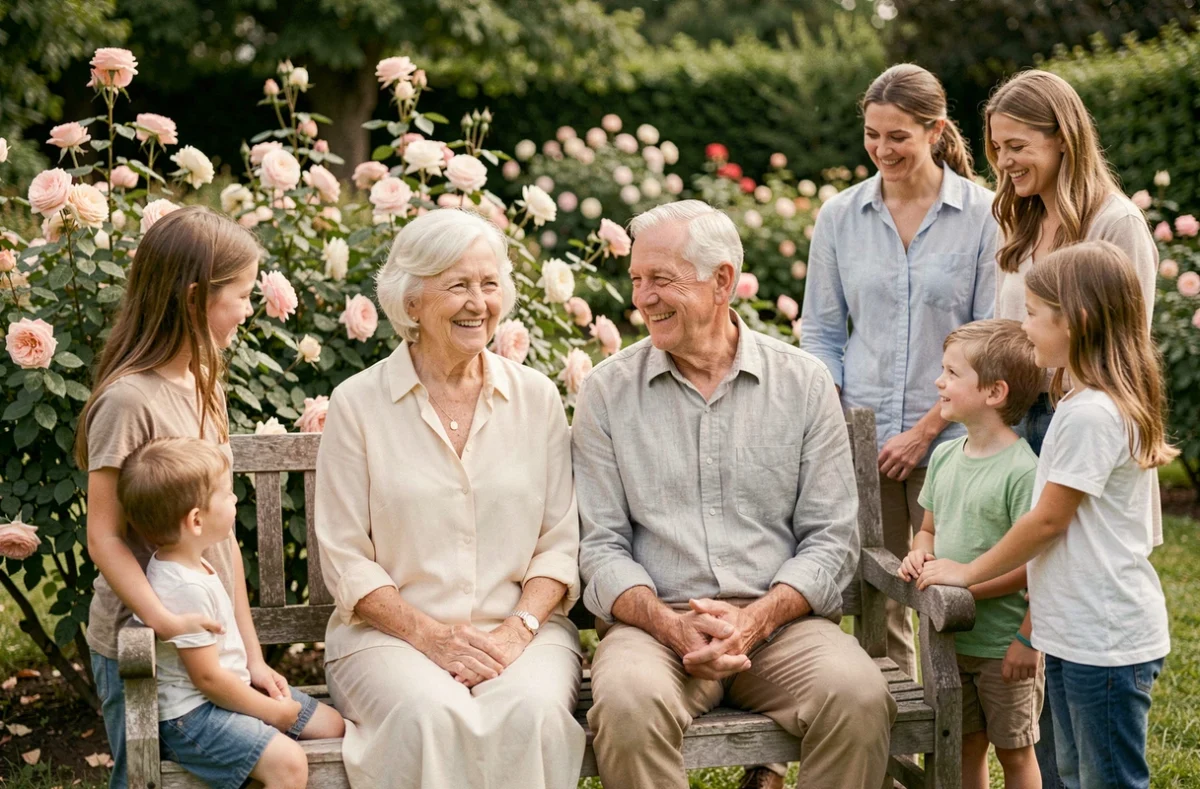 Couple de personnes âgées entouré de leurs enfants et petits-enfants lors de leur anniversaire de mariage de 50 ans dans un jardin fleuri