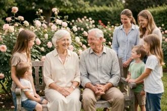Couple de personnes âgées entouré de leurs enfants et petits-enfants lors de leur anniversaire de mariage de 50 ans dans un jardin fleuri