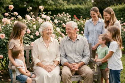 Couple de personnes âgées entouré de leurs enfants et petits-enfants lors de leur anniversaire de mariage de 50 ans dans un jardin fleuri