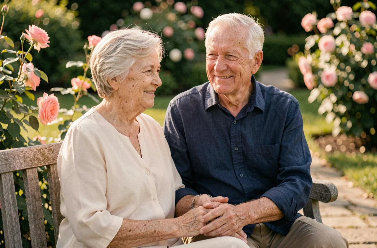 Couple âgé tenant la main dans un jardin fleuri pour célébrer 55 ans de mariage noces d'orchidée