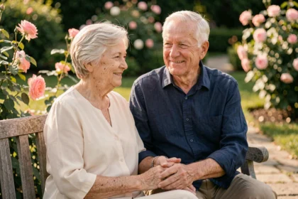 Couple âgé tenant la main dans un jardin fleuri pour célébrer 55 ans de mariage noces d'orchidée