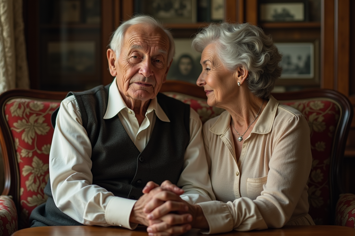 Couple âgé en intérieur avec souvenirs et meubles anciens