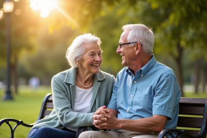 Couple âgé souriant main dans la main dans un parc