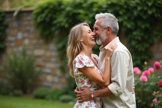 Couple d'âge mûr s'embrassant tendrement dans un jardin fleuri pour célébrer leur anniversaire de mariage