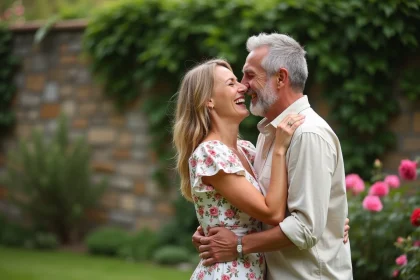 Couple d'âge mûr s'embrassant tendrement dans un jardin fleuri pour célébrer leur anniversaire de mariage
