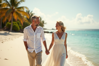Couple heureux main dans la main sur la plage tropicale