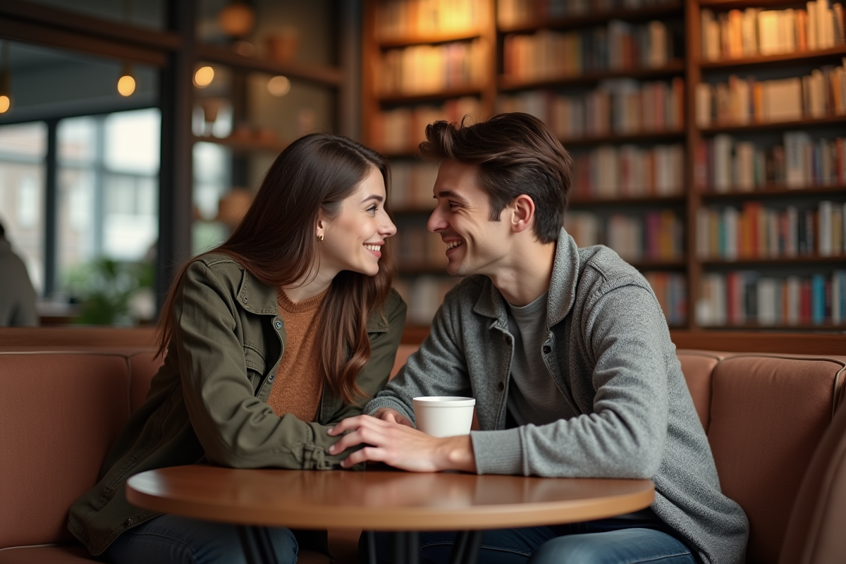 Jeune couple discutant dans un café chaleureux
