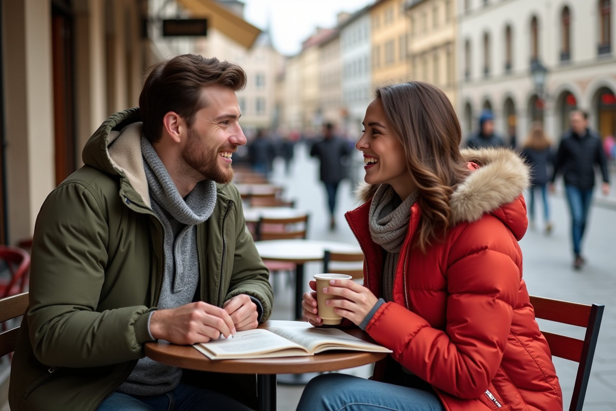 Jeune couple au café en ville en voyage