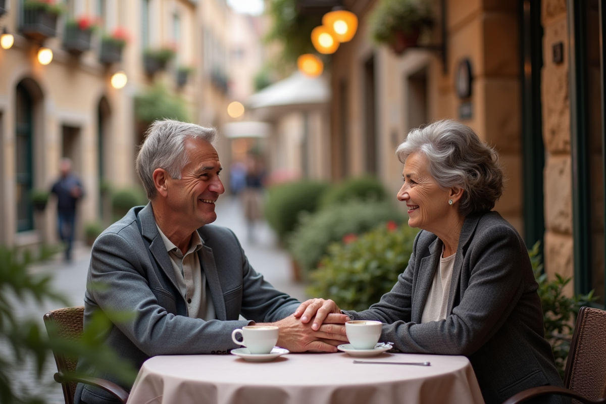 Couple assis au cafe en terrasse en ville historique