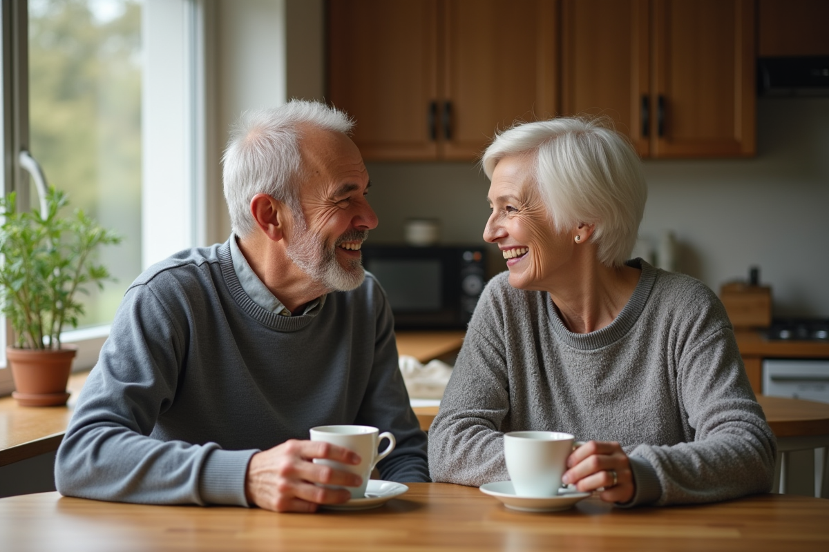 Couple interracial discutant à la cuisine chaleureuse