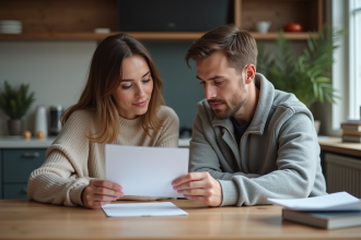Jeune couple dans la cuisine examine un document ensemble