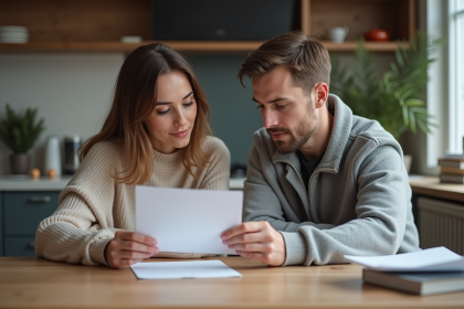 Jeune couple dans la cuisine examine un document ensemble