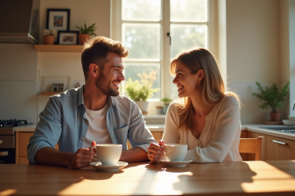 Couple souriant partageant un café dans la cuisine