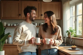 Couple souriant dans une cuisine chaleureuse et lumineuse