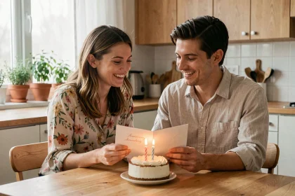 Couple marié célébrant deux mois de mariage autour d'un gâteau fait maison dans une cuisine scandinave chaleureuse
