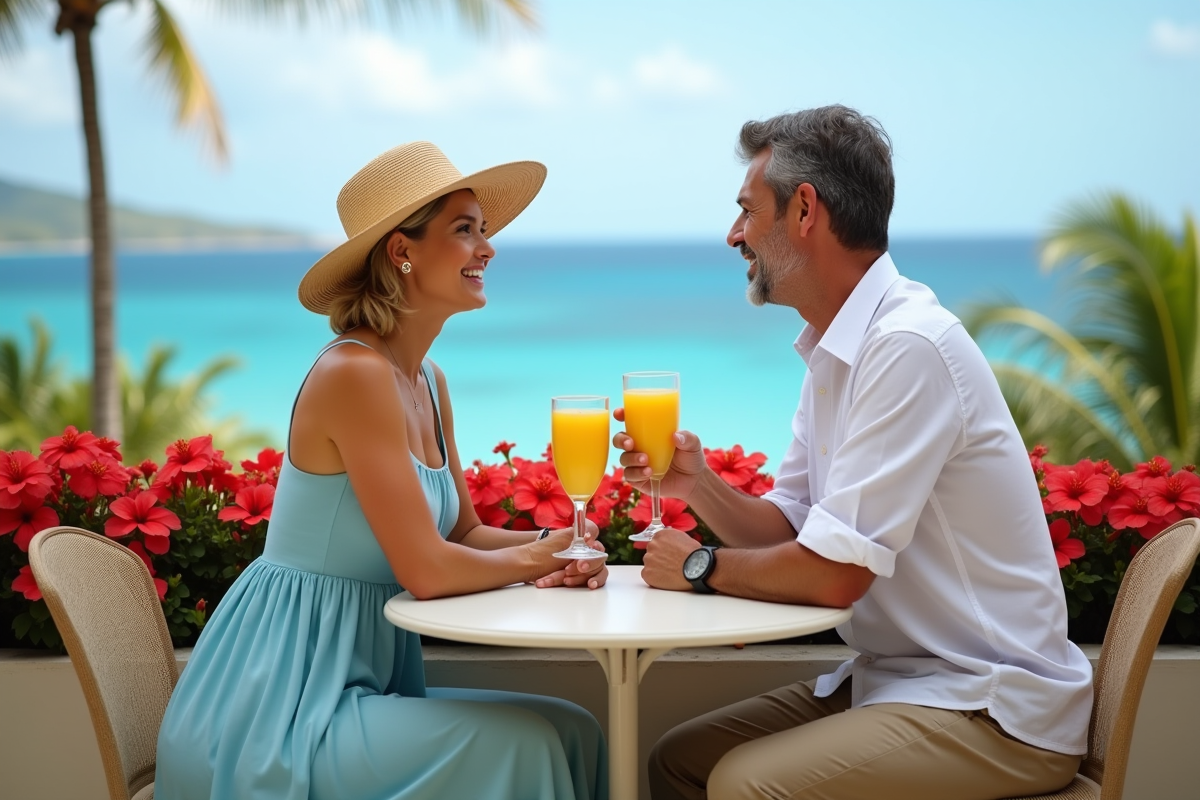 Couple assis au restaurant avec fleurs tropicales et vue sur l ocean