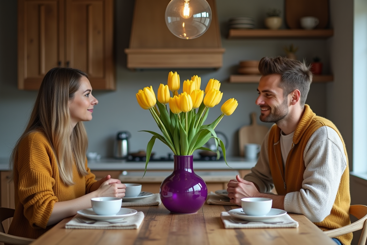 Jeune couple autour d une table en bois avec tulipes jaunes et vase violet