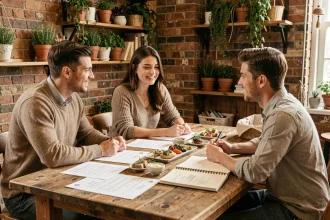 Couple en train de discuter du budget traiteur mariage avec un professionnel autour d'un tableau de menus et de devis