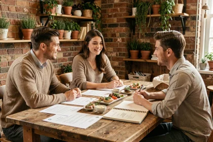 Couple en train de discuter du budget traiteur mariage avec un professionnel autour d'un tableau de menus et de devis
