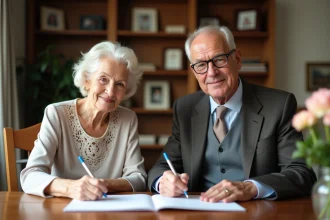 Vieux couple écrivant une carte de mariage chaleureuse