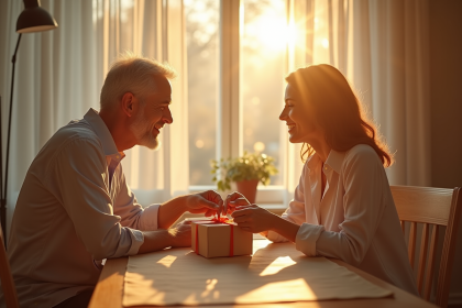 Couple élégant échangeant des cadeaux au petit déjeuner