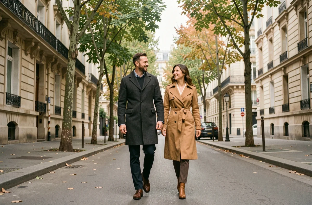 Couple élégant se promenant sur un trottoir parisien en automne, ambiance ville romantique et naturelle