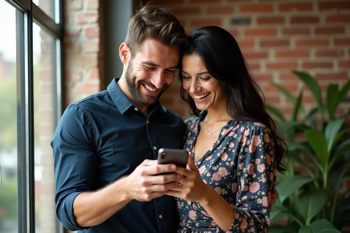 Couple lisant un message de félicitations de mariage sur un smartphone en souriant dans un appartement moderne