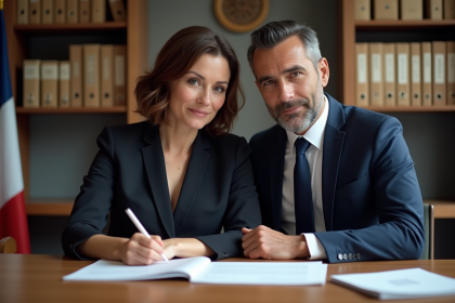 Femme française et son conjoint étranger lors de la signature de documents