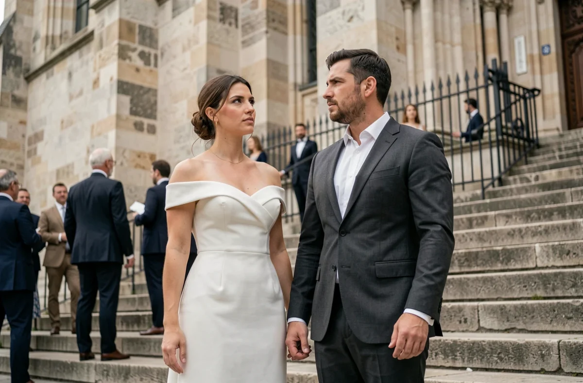 Couple en tenue de mariage devant une église historique française, symbolisant les interrogations et spéculations autour d'une cérémonie nuptiale médiatisée