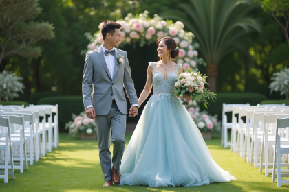 Jeune couple marié dans un jardin élégant et fleuri