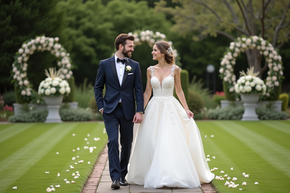 Jeune couple marié dans un jardin luxuriant en extérieur