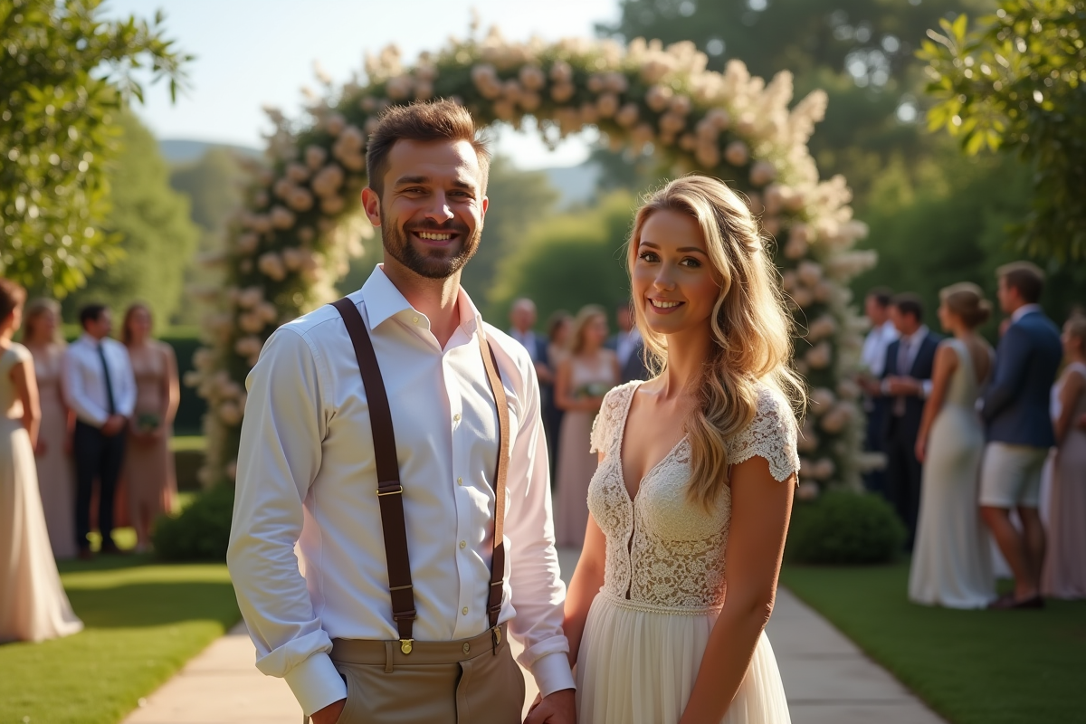 Couple de mariés accueillis dans un jardin fleuri