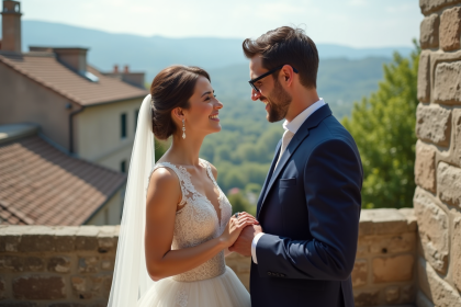 Jeune couple marié en extérieur avec vue sur village européen