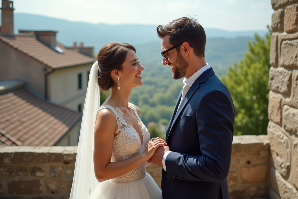 Jeune couple marié en extérieur avec vue sur village européen