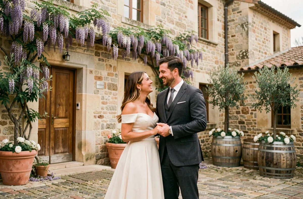 Couple de mariés devant une bastide occitane rénovée en salle de réception, avec façade en pierre calcaire, glycine et cour en galets