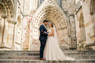 Couple de mariés devant une cathédrale historique à Châlons-en-Champagne, robe en dentelle ivoire et costume marine
