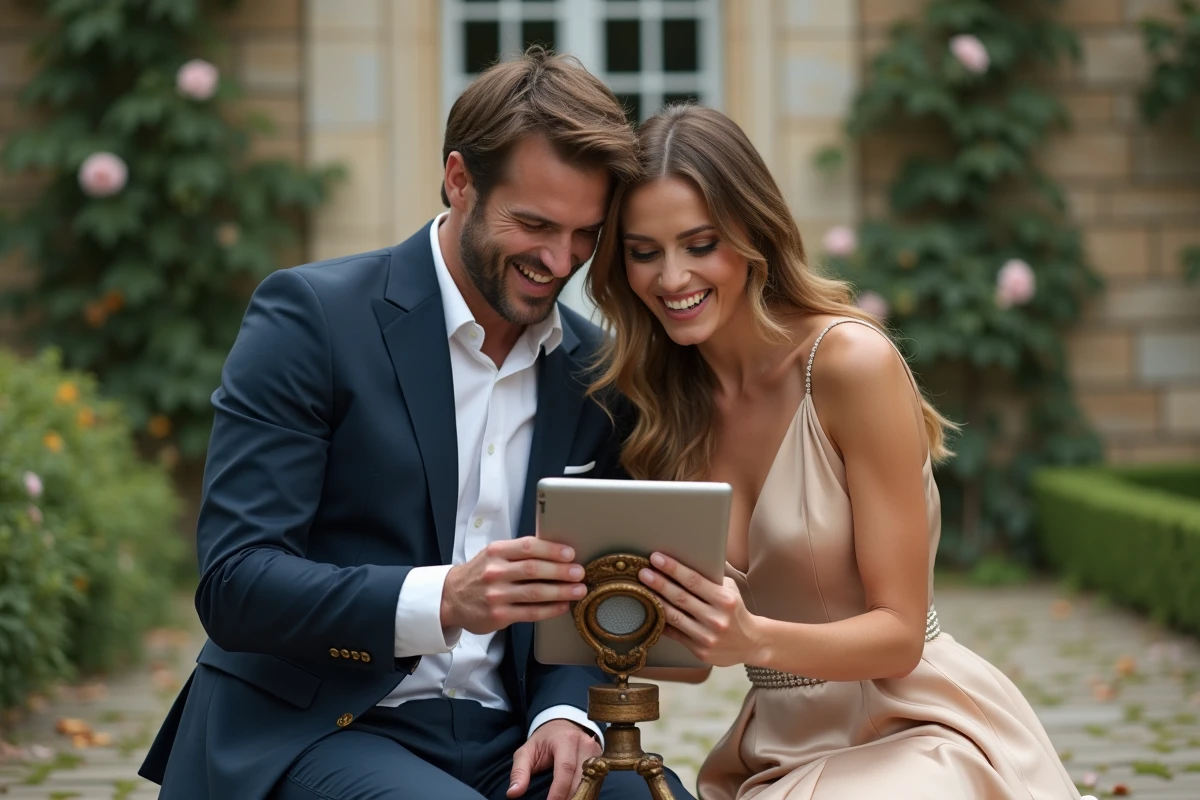 Couple de mariés utilisant un livre d'or audio numérique avec QR code dans un jardin de château