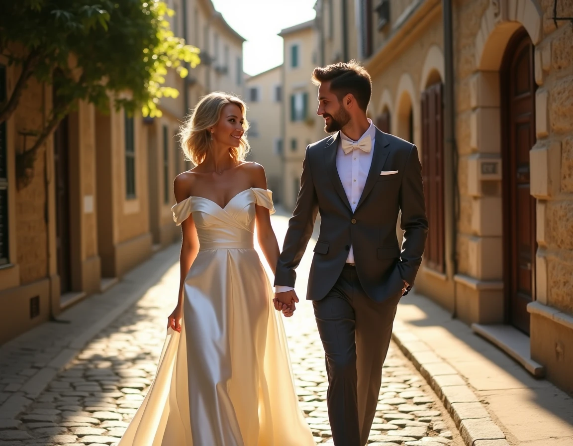 Couple de mariés marchant main dans la main dans une ruelle pavée européenne lors de leur reportage vidéo de mariage