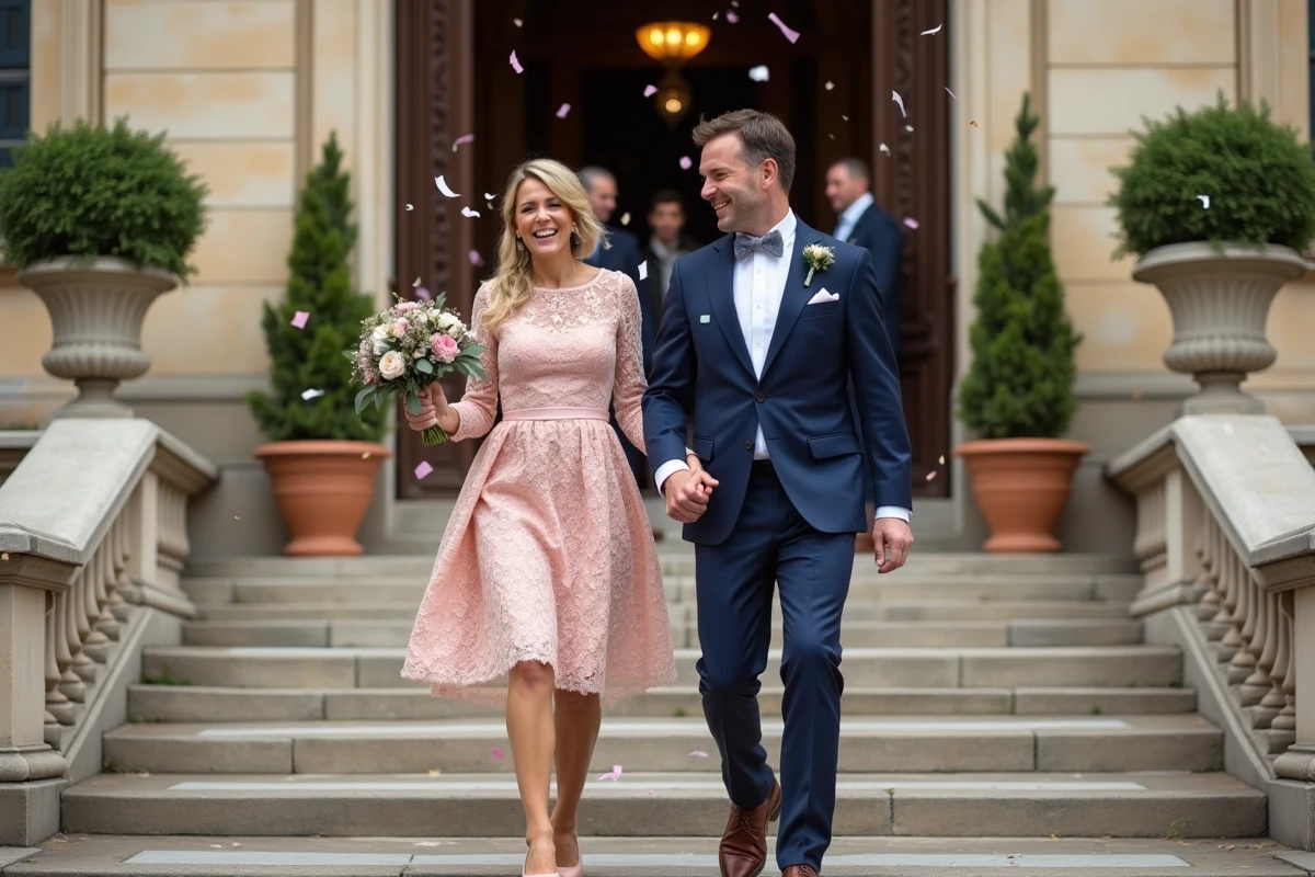Couple de mariés descendant les marches d'une mairie française, la mariée de plus de 40 ans en robe en dentelle blush avec confettis