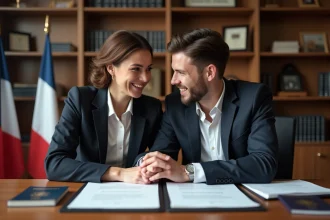 Jeune couple multiculturel souriant en bureau administratif