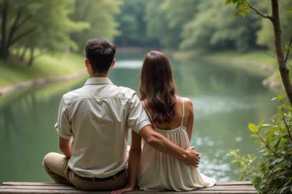 Jeune couple marié au bord de la rivière en nature