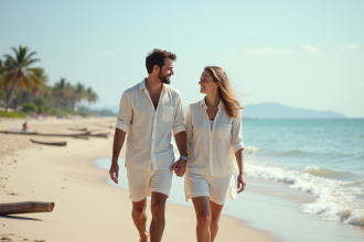Jeune couple souriant sur la plage ensoleillee